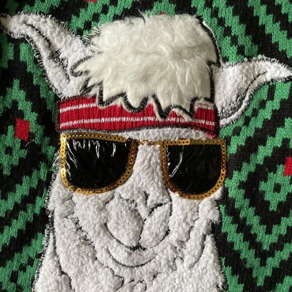 Ugly Christmas Sweater With Llama Wearing Sunglasses & Bells Red Green Black Acr - Picture 3 of 9